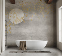 Dark Golden Birds Flying in Sky Wall Mural in grey bathroom with white tub.