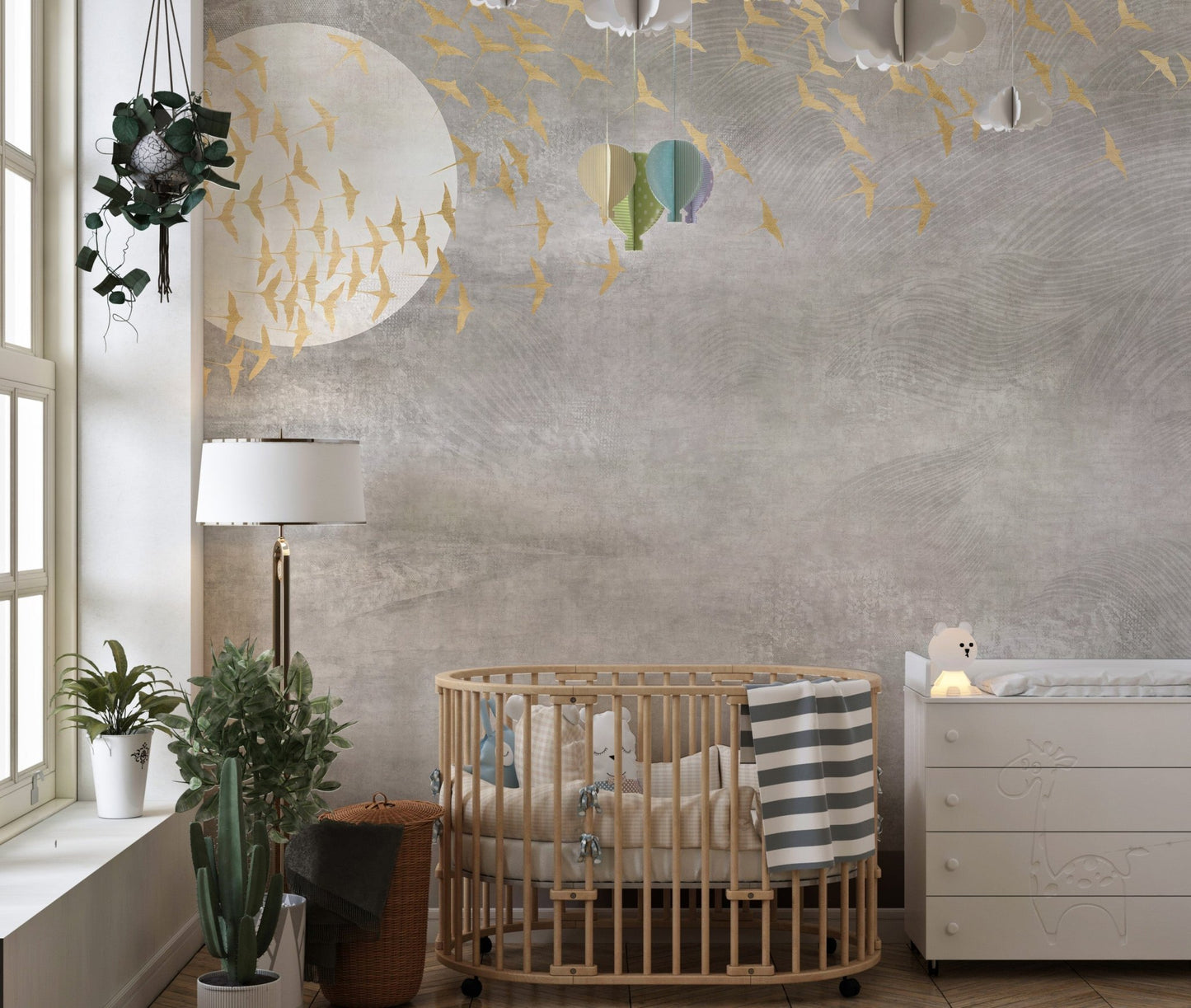 Dark Golden Birds Flying in Sky Wall Mural for nursery with wooden cot.