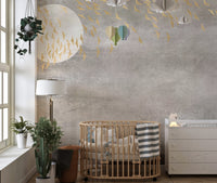 Dark Golden Birds Flying in Sky Wall Mural for nursery with wooden cot.