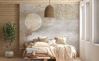 Modern wooden bedroom interior with grey and gold flying birds wall mural.