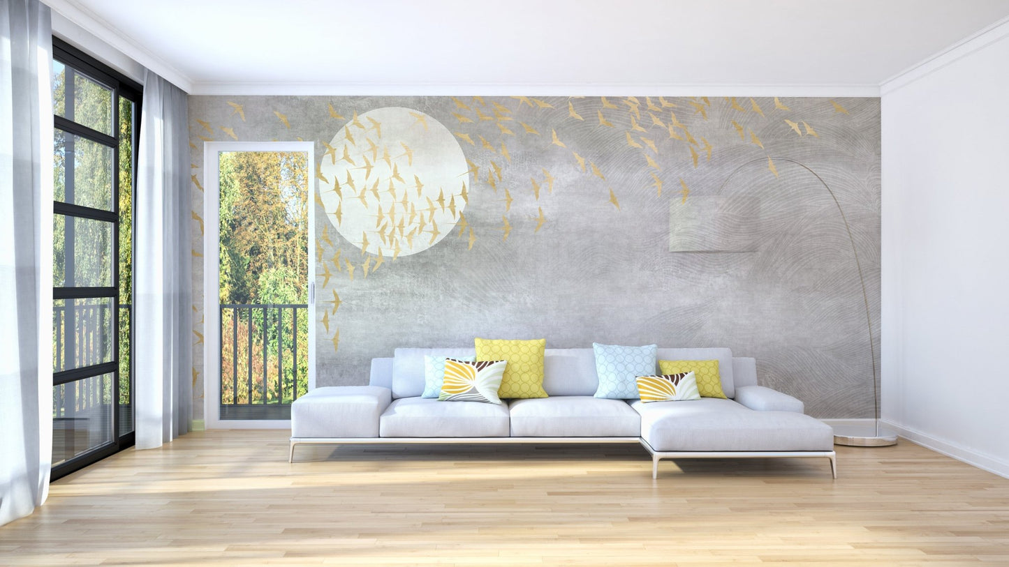 White living room featuring grey and gold bird wall mural behind sofa.