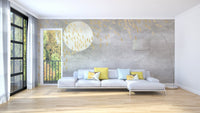 White living room featuring grey and gold bird wall mural behind sofa.