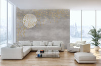 Grey textured wall mural with golden birds in contemporary bright living area.