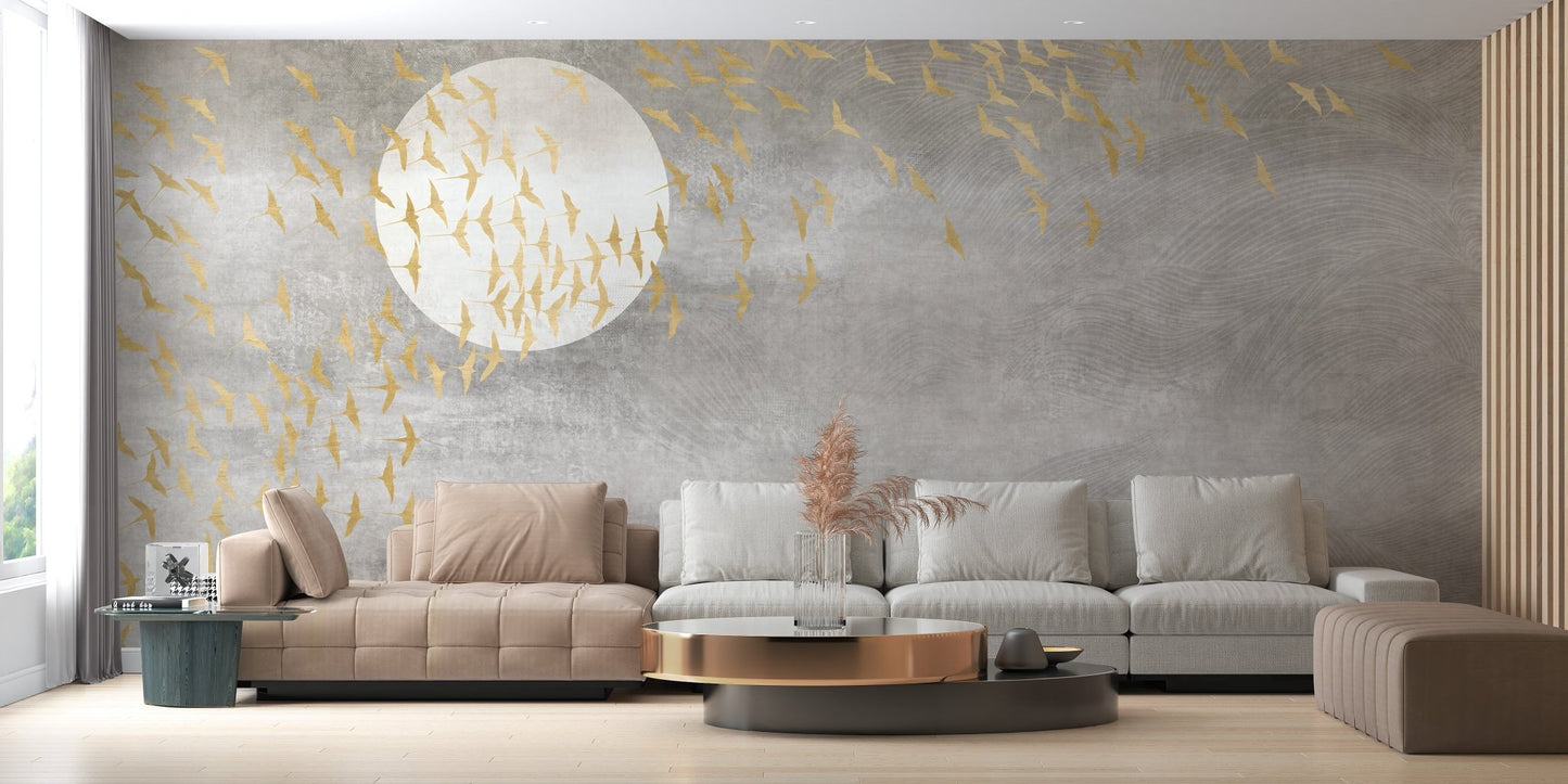 Brown couch set against Dark Golden Birds Flying in Sky Wall Mural.