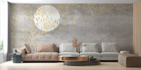 Brown couch set against Dark Golden Birds Flying in Sky Wall Mural.