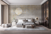 Dark Golden Birds Flying in Sky Wall Mural behind bed in neutral room.