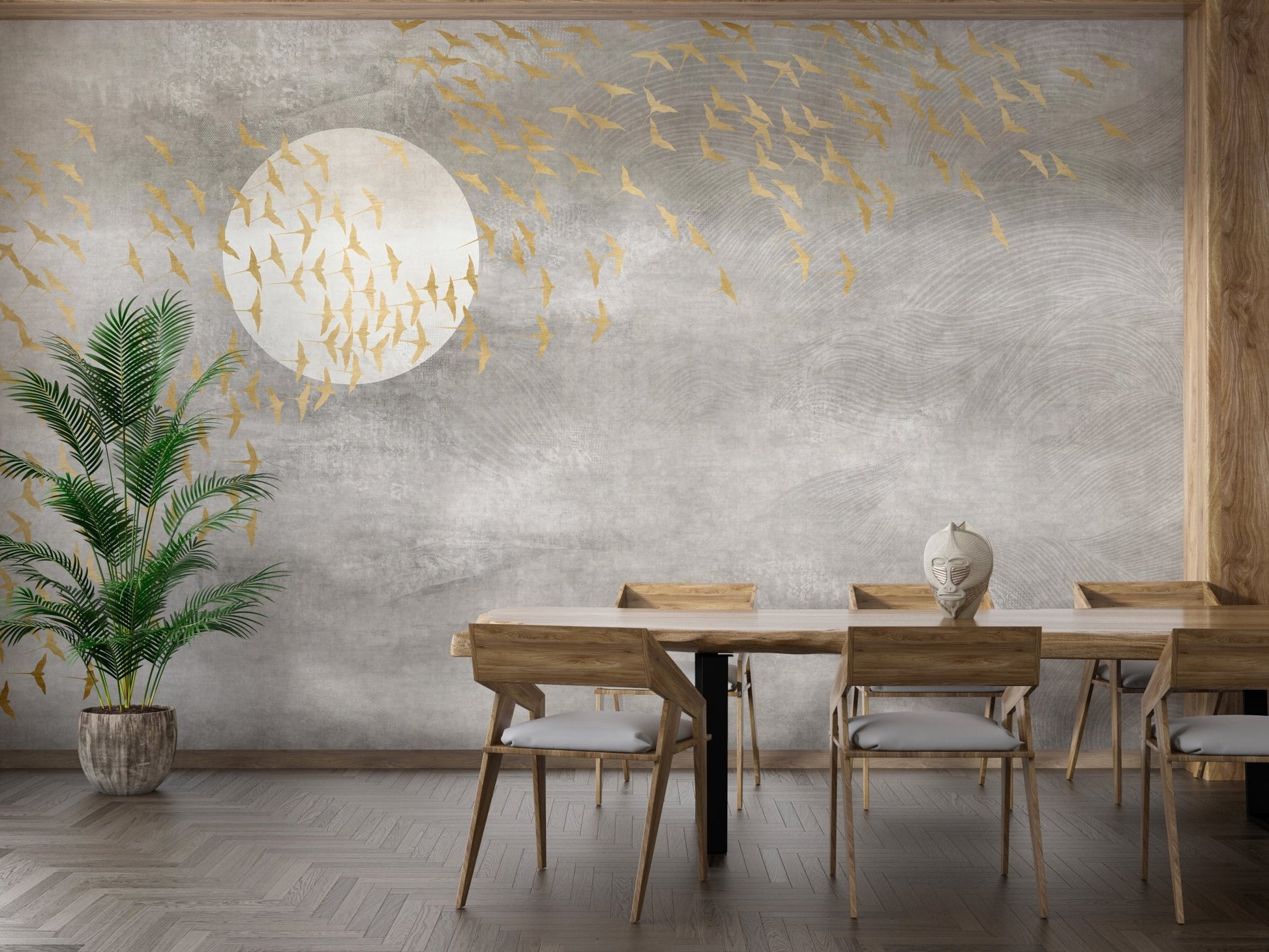 Dining area with wooden table and textured grey bird wall mural.