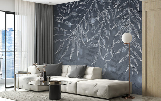 Charcoal gray wall mural with bird sketches in a living area with a sofa.