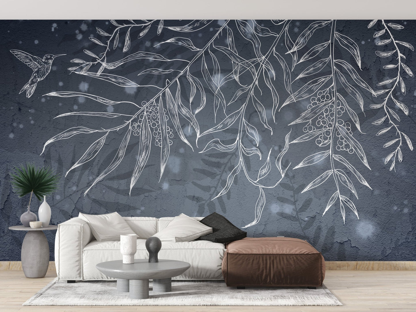 Artistic gray hummingbird shadow wall mural in minimalist living area.