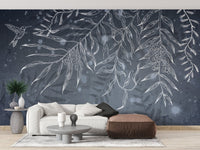 Artistic gray hummingbird shadow wall mural in minimalist living area.
