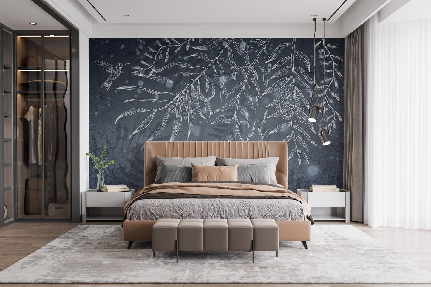 Dark Gray Hummingbird Leaves Shadow mural in a modern bedroom with a tan bed.