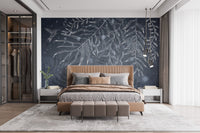 Dark Gray Hummingbird Leaves Shadow mural in a modern bedroom with a tan bed.