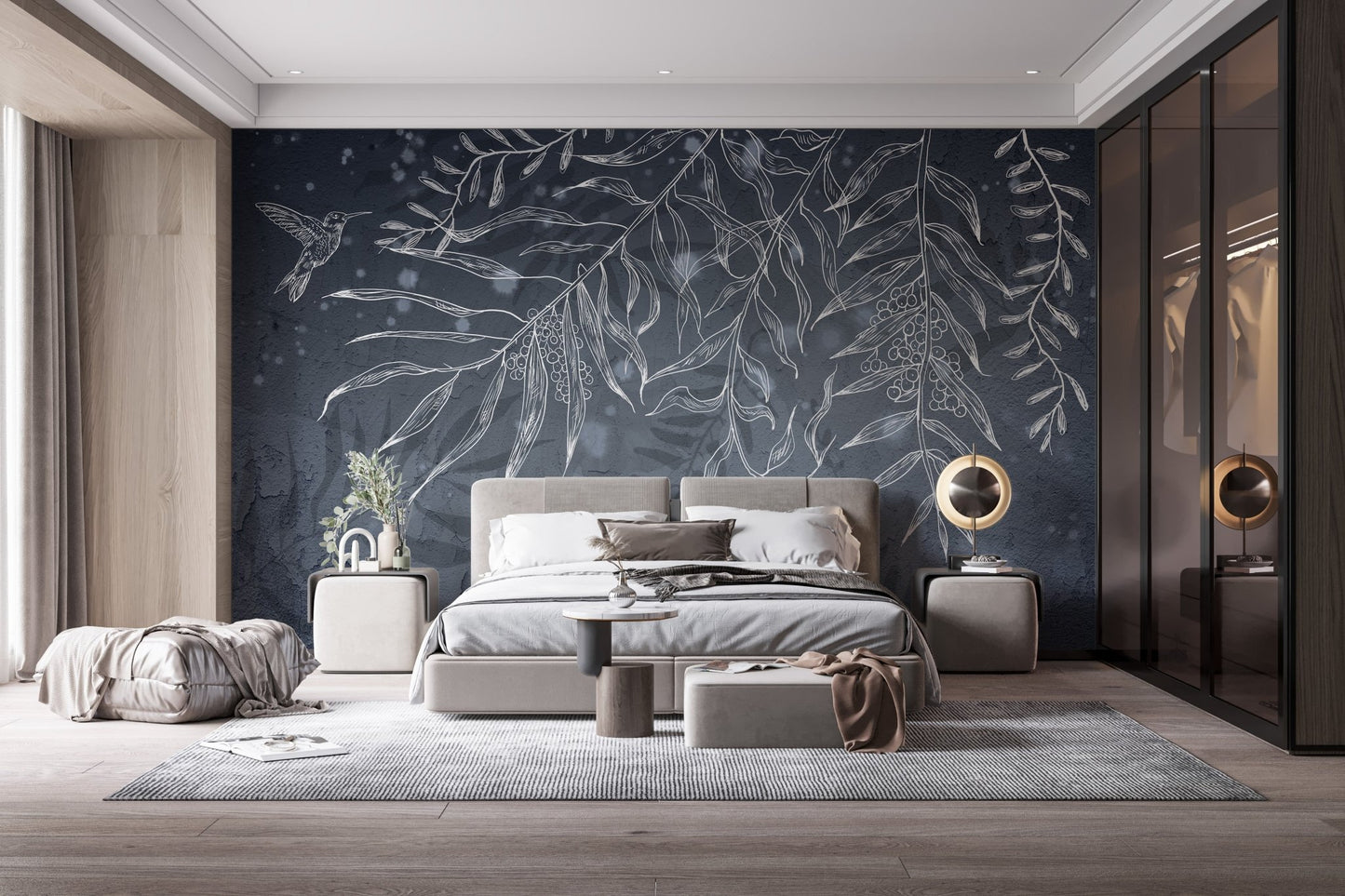 Striking hummingbird leaves shadow wall mural in master bedroom.