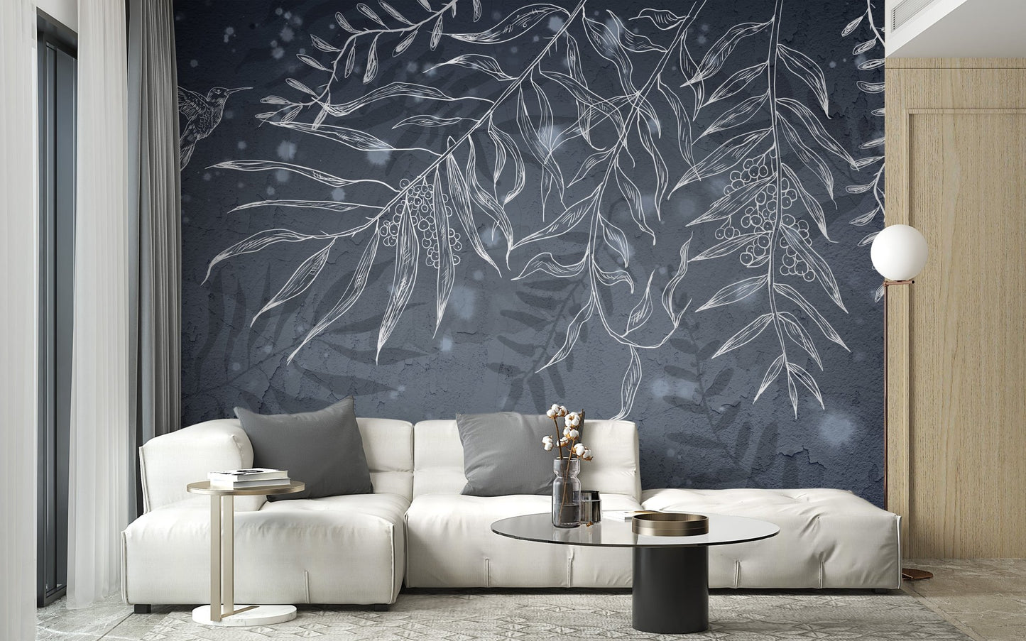 Leaves pattern wall mural in a contemporary sitting room.