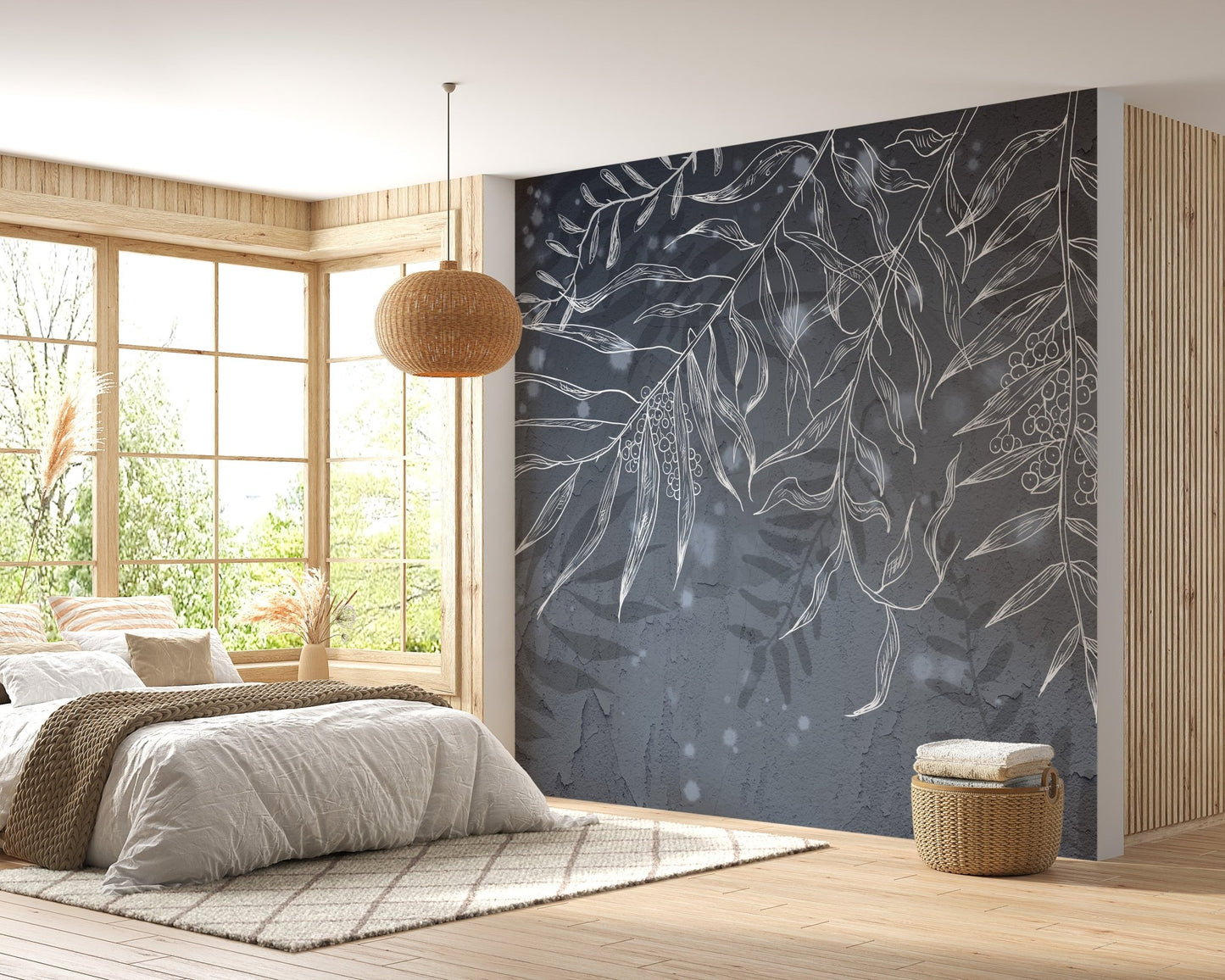 Nature inspired gray wall mural in a bright bedroom with large windows.