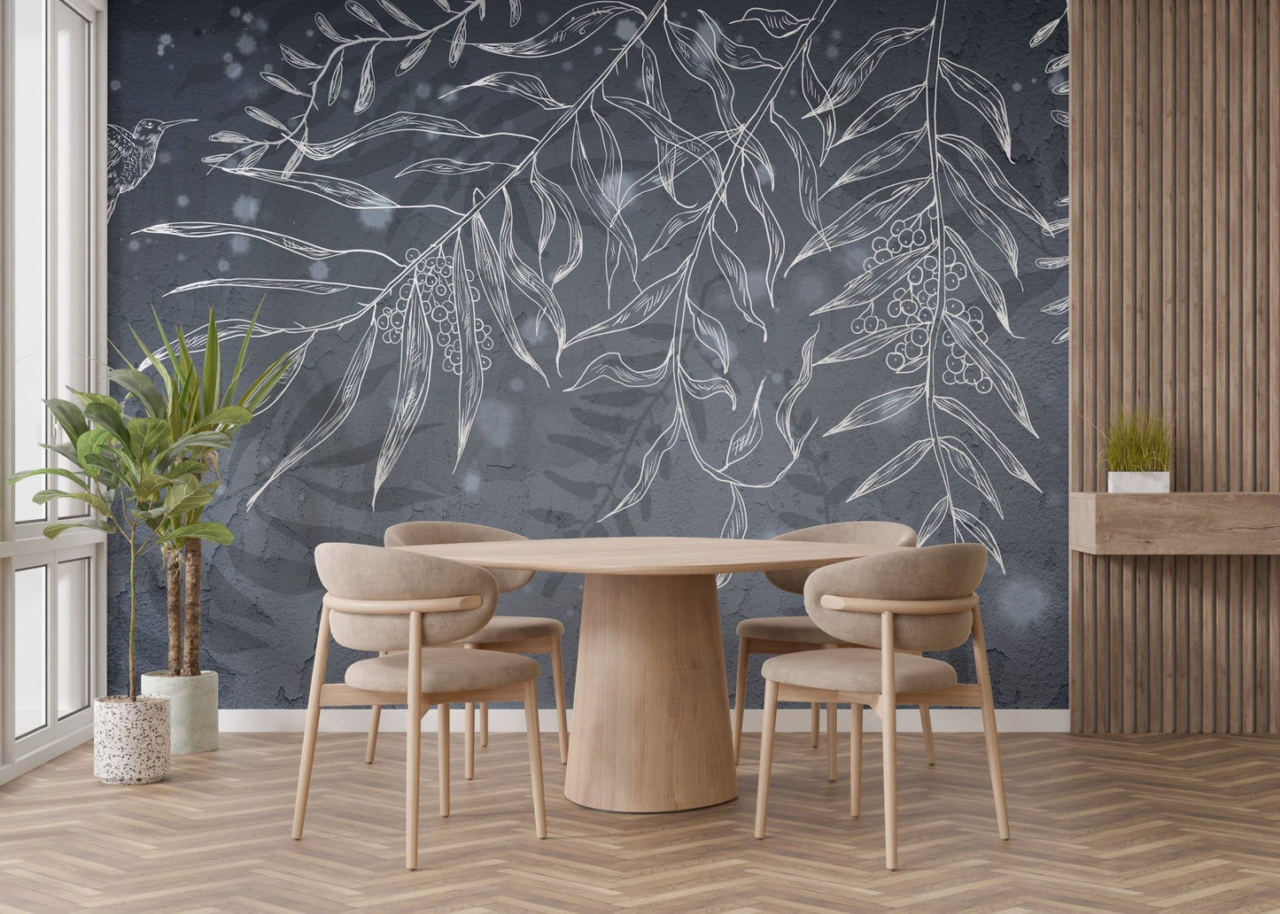Dark gray hummingbird and leaves wall mural in modern dining room.