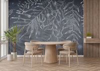 Dark gray hummingbird and leaves wall mural in modern dining room.