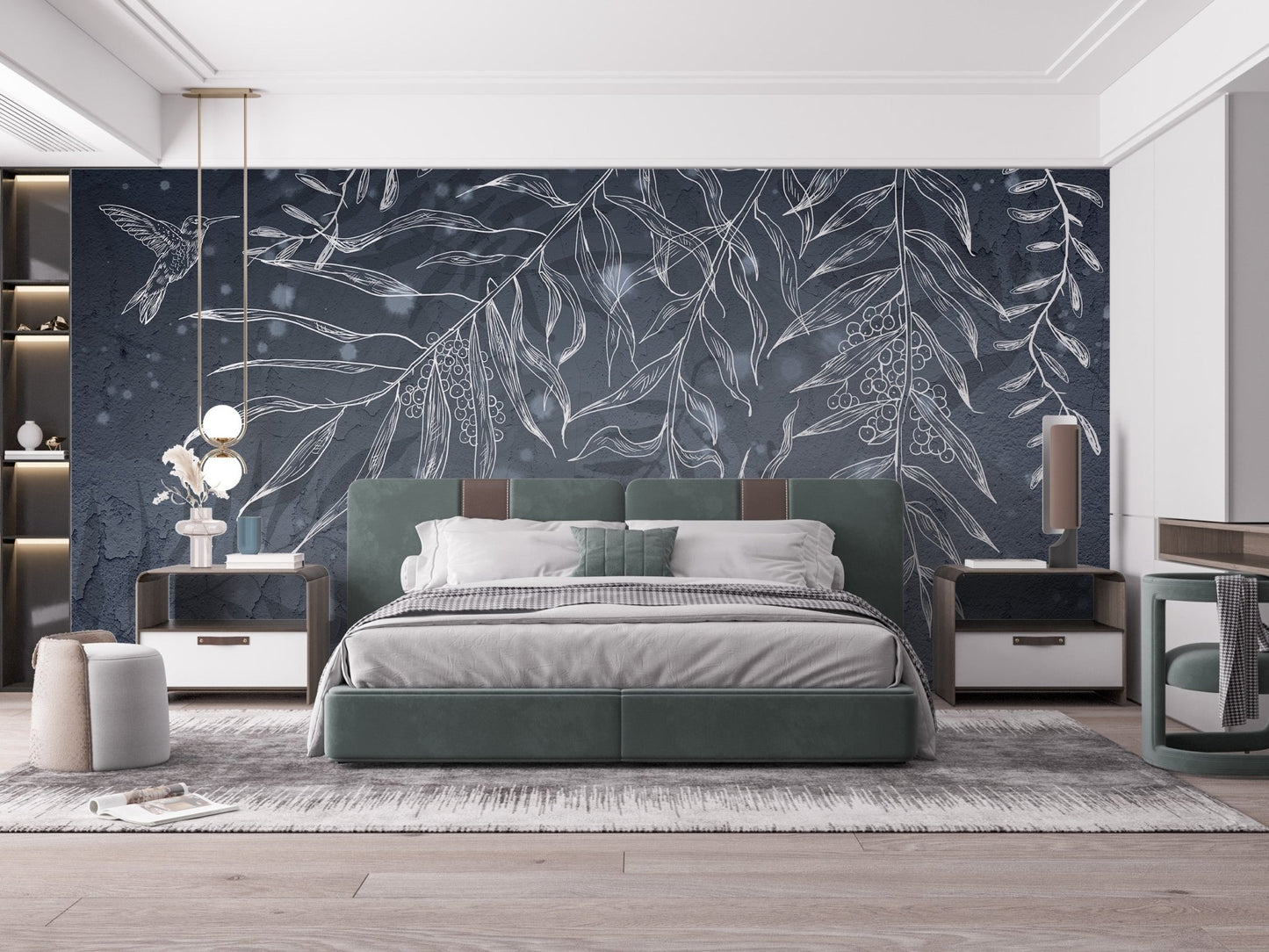 Dark Gray Hummingbird Leaves Shadow mural in a suite with a green bed.