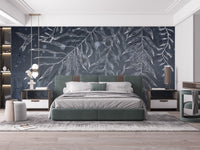 Dark Gray Hummingbird Leaves Shadow mural in a suite with a green bed.