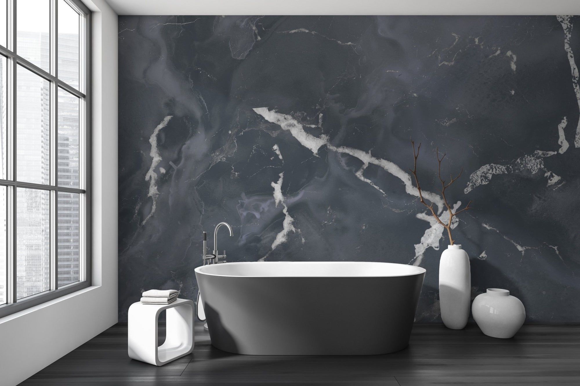 Dark Gray Terrazzo Natural Granite Marble Mural in bathroom.