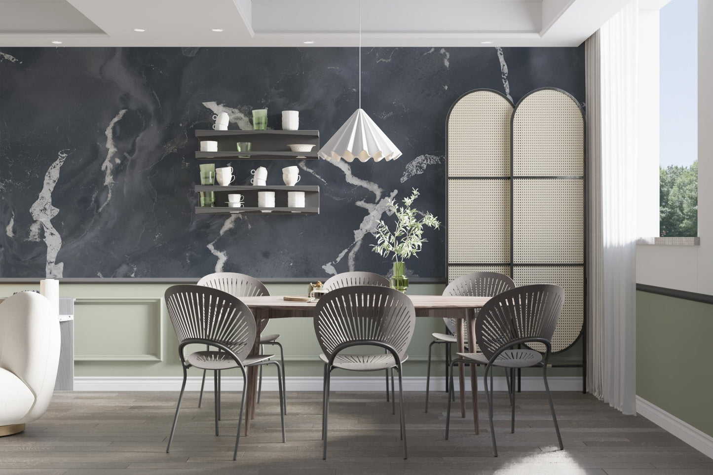 Large dining room featuring gray stone texture wall mural with white veins.