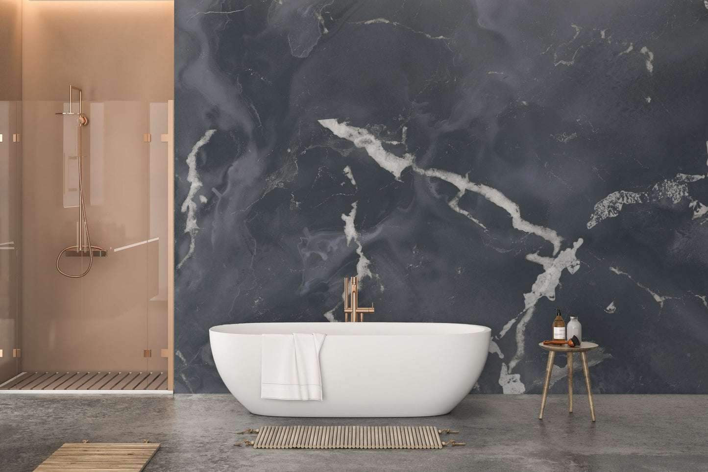 Modern washroom with wood accents and dark stone pattern wall mural.