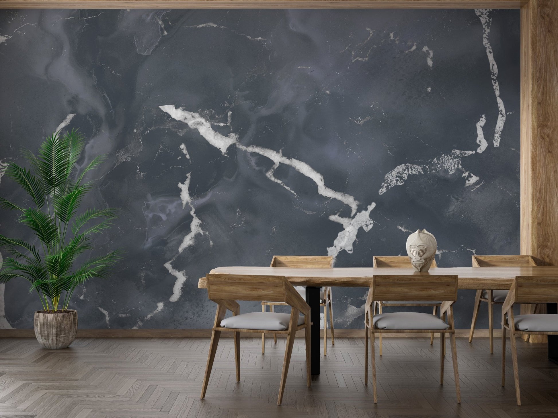 Minimalist dining area wall mural with natural granite pattern in slate grey.