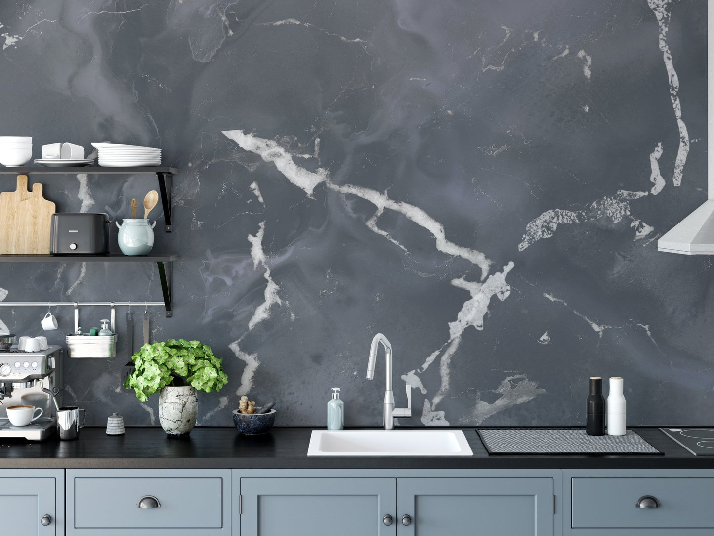 Kitchen backsplash area featuring granite marble wall mural in dark tones.
