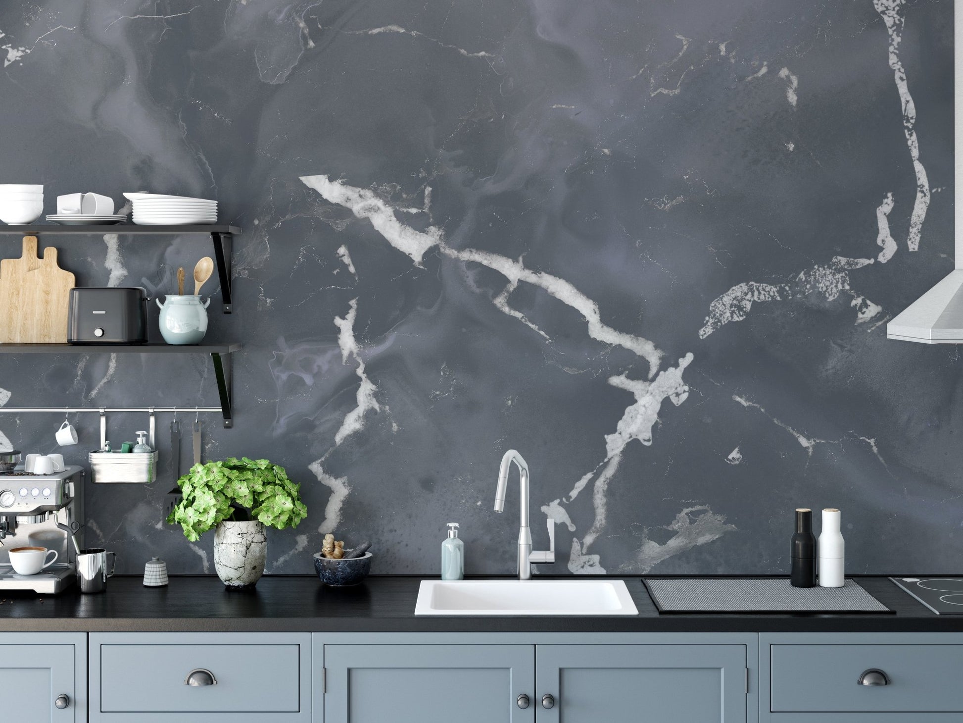 Kitchen backsplash area featuring granite marble wall mural in dark tones.