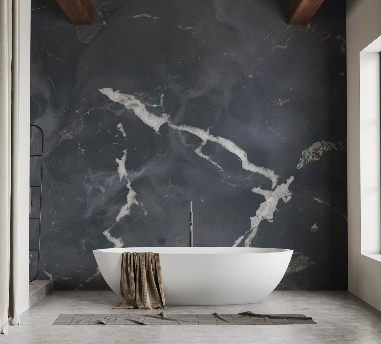Modern bathroom setting with dark marble effect mural behind bathtub.