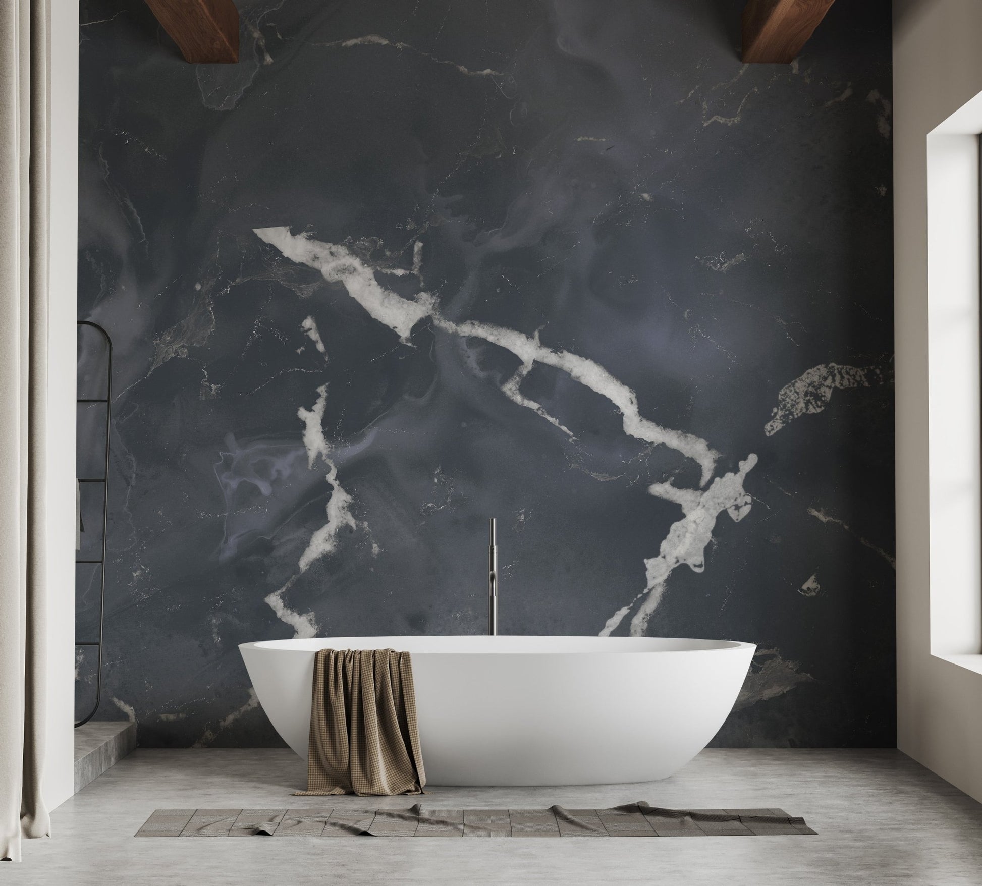 Modern bathroom setting with dark marble effect mural behind bathtub.