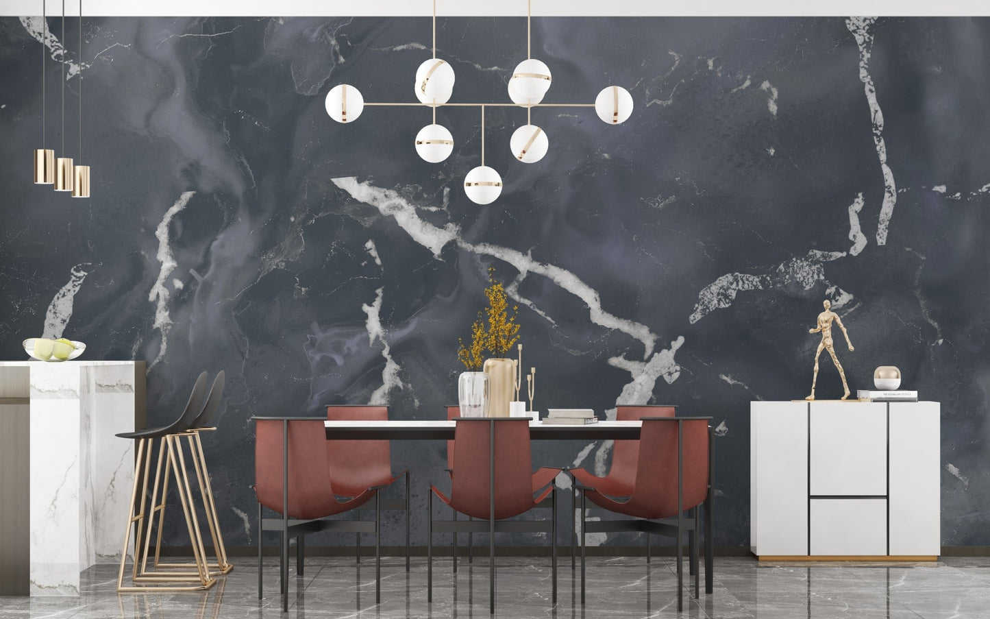 Contemporary dining space with gold accents and dark gray marble mural.