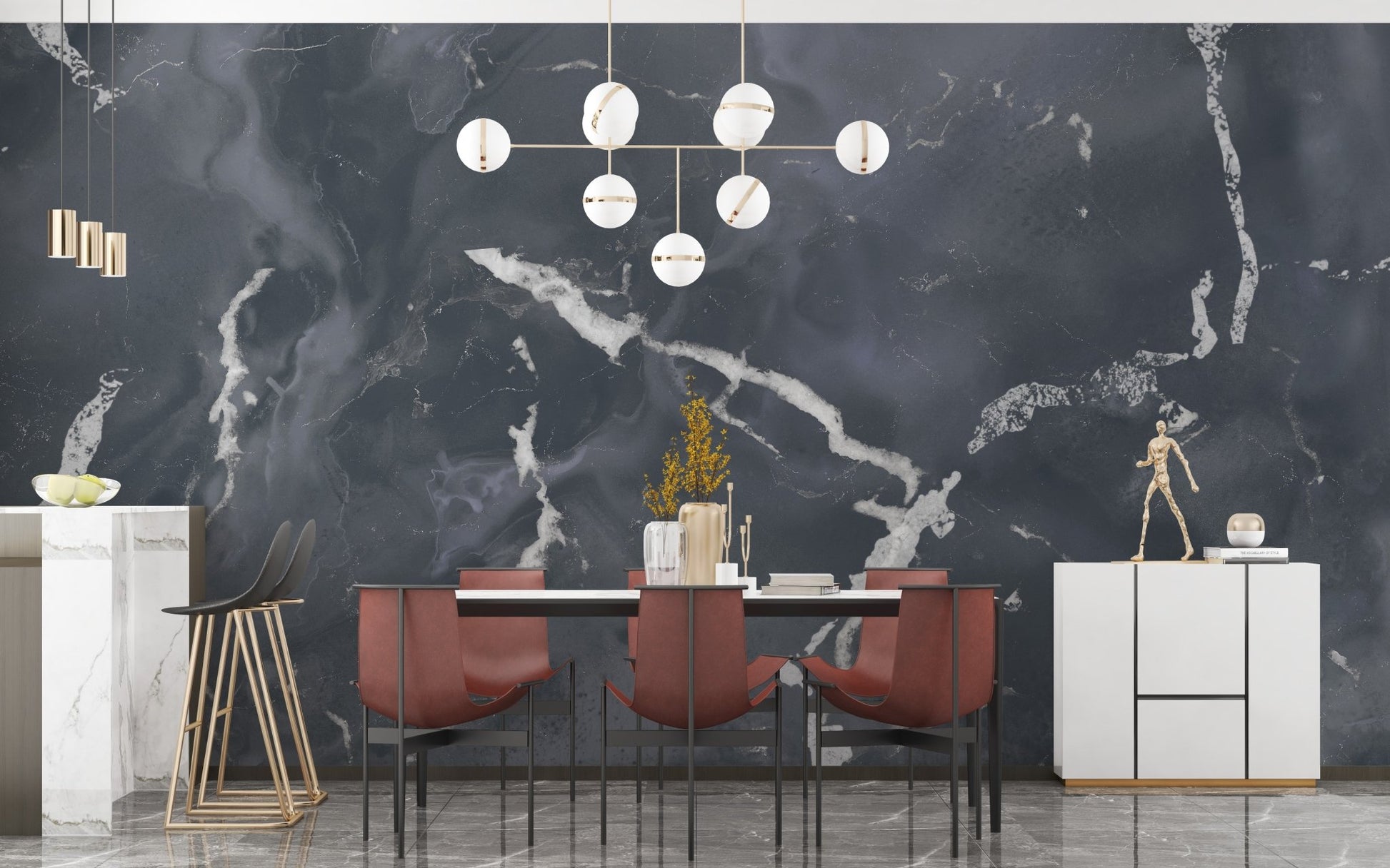 Contemporary dining space with gold accents and dark gray marble mural.