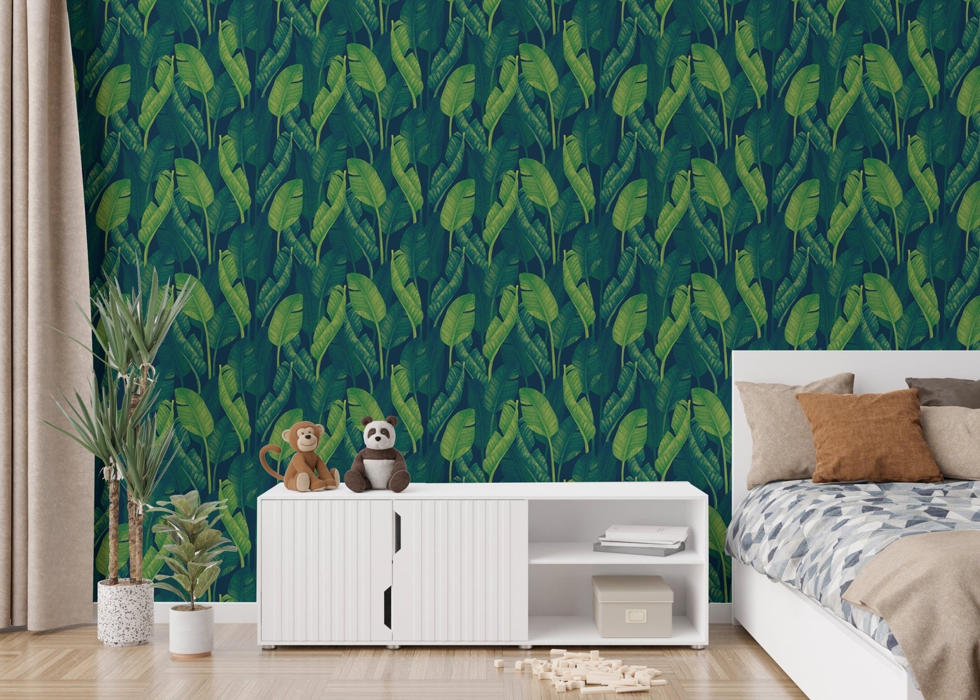 Dark Green Color Banana Leaves Wallpaper - Wallanza