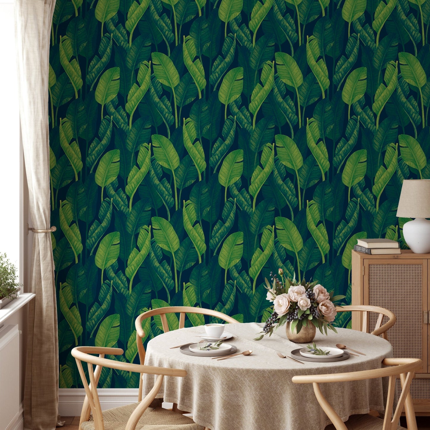 Dark Green Color Banana Leaves Wallpaper - Wallanza