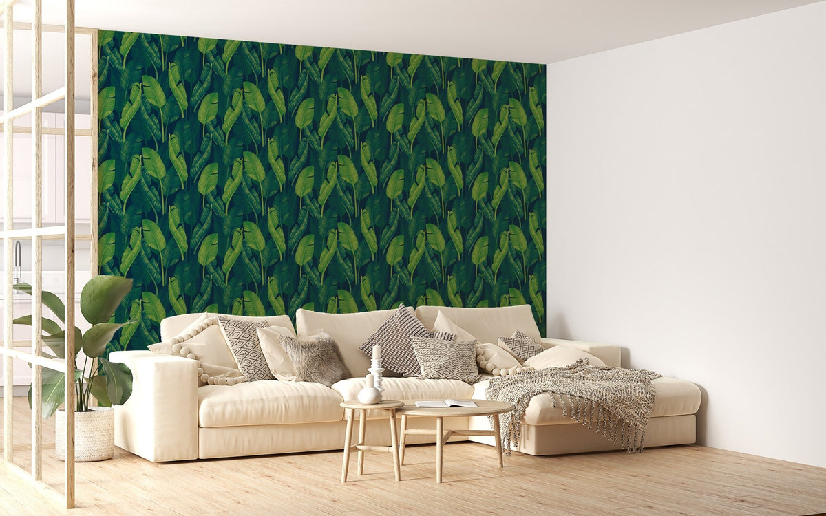 Tropical leaves themed wallpaper in a serene living room setting.