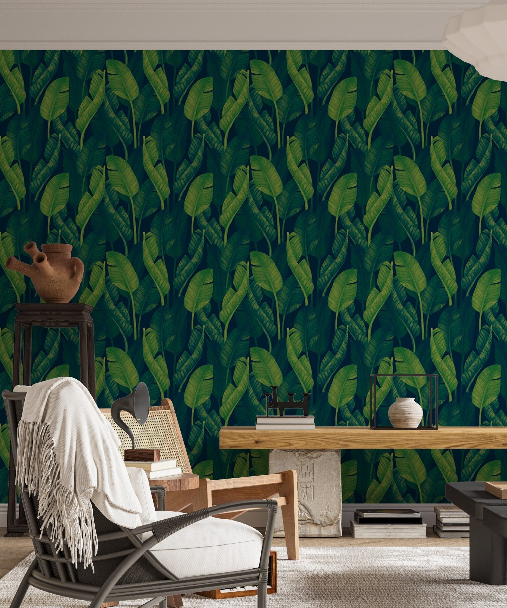 Dark Green Color Banana Leaves Wallpaper - Wallanza