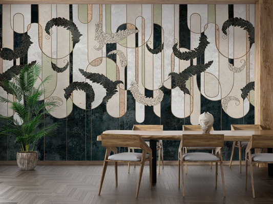 Dining room featuring Dark Green Geometry Concrete Wall Murals and wood table.