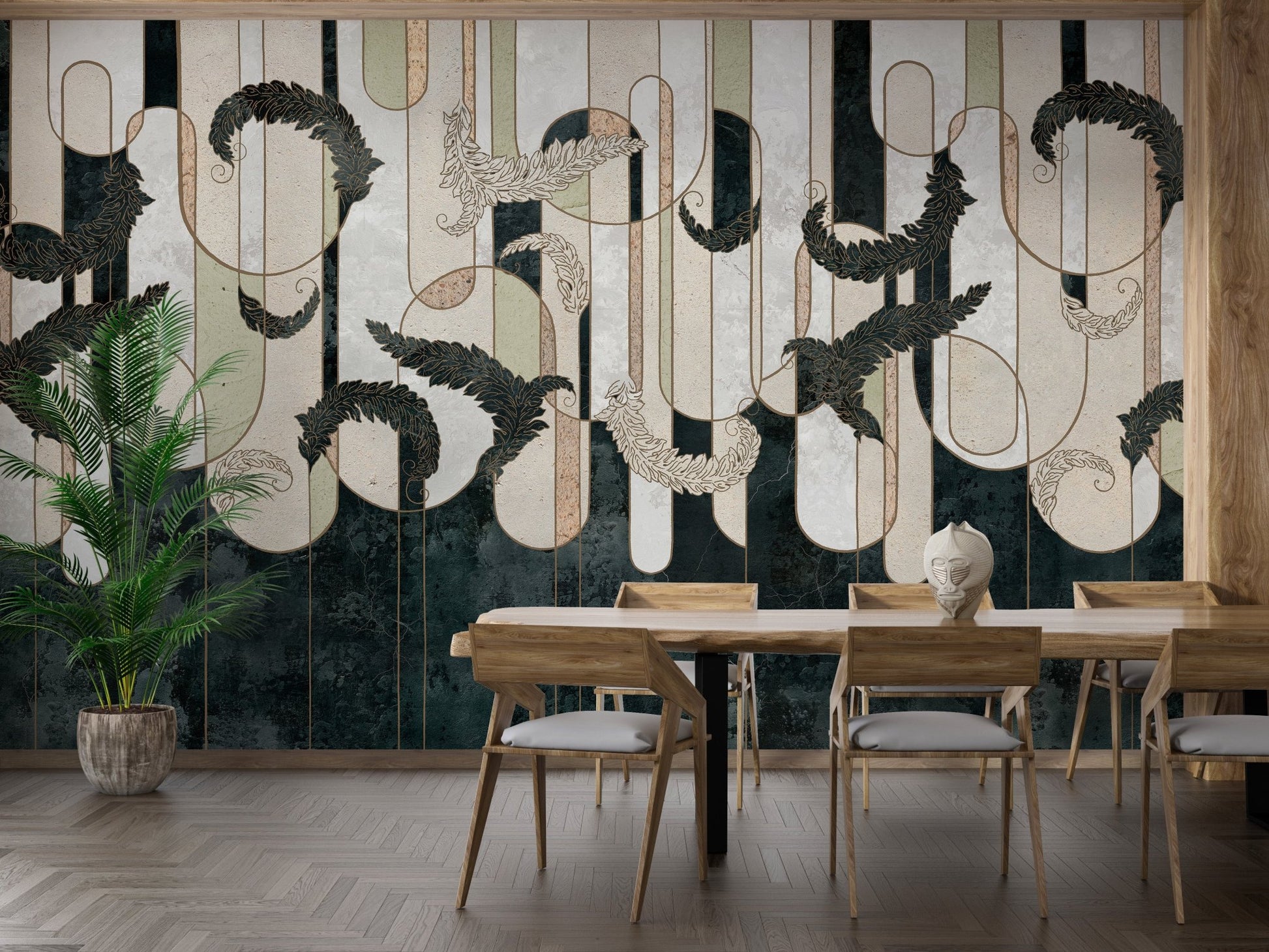 Dining room featuring Dark Green Geometry Concrete Wall Murals and wood table.
