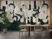 Dining room featuring Dark Green Geometry Concrete Wall Murals and wood table.