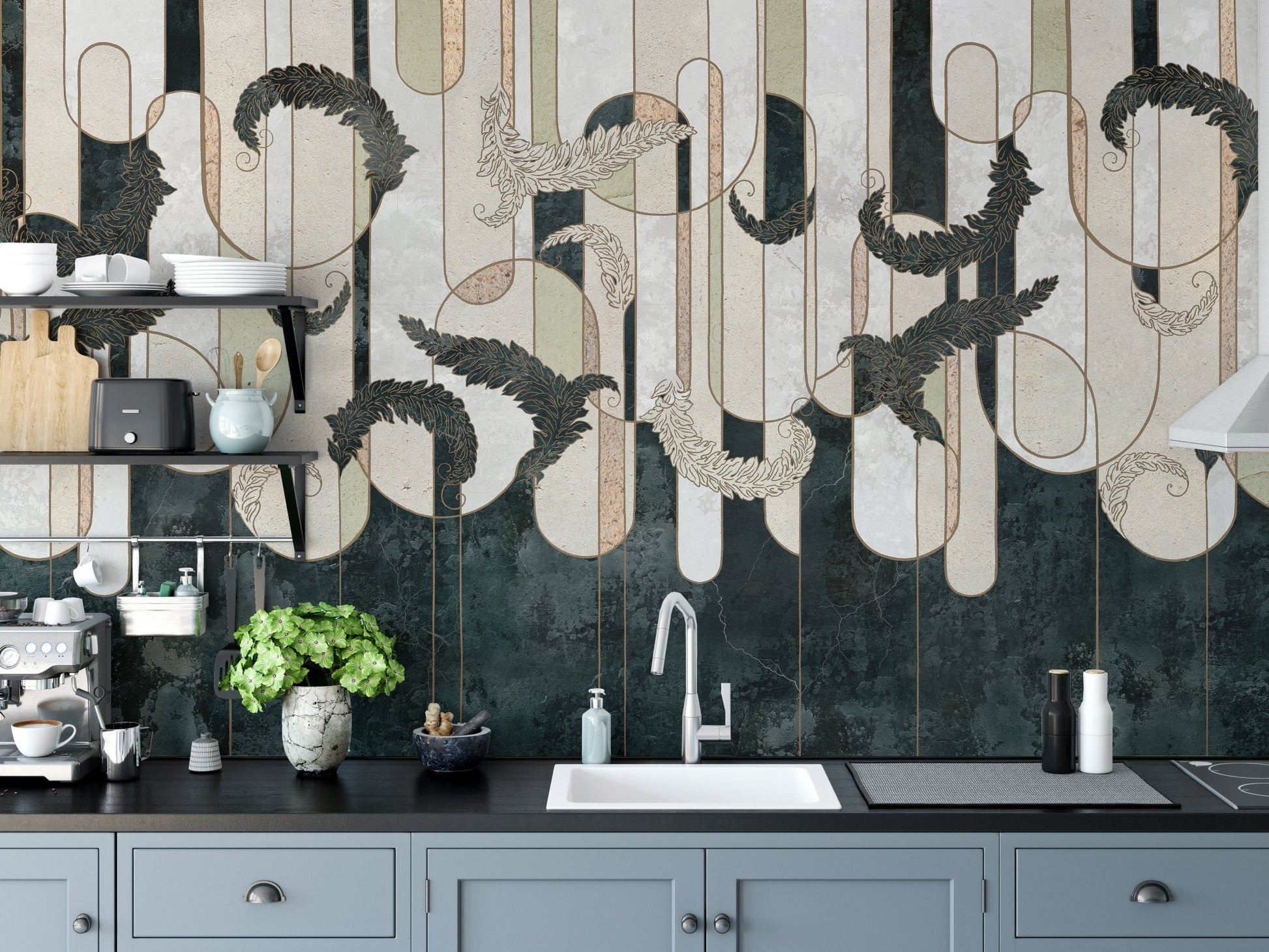 Kitchen wall mural with geometric shapes placed behind a sink and grey cabinets.