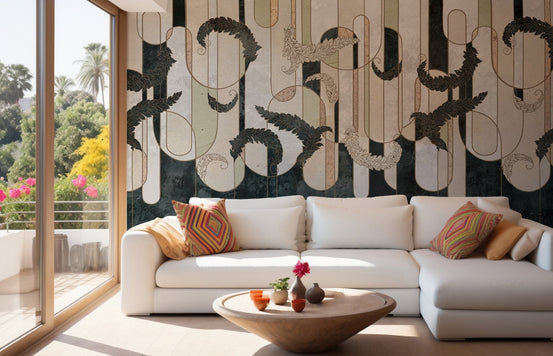 Geometric concrete mural with dark green accents for bold living area.