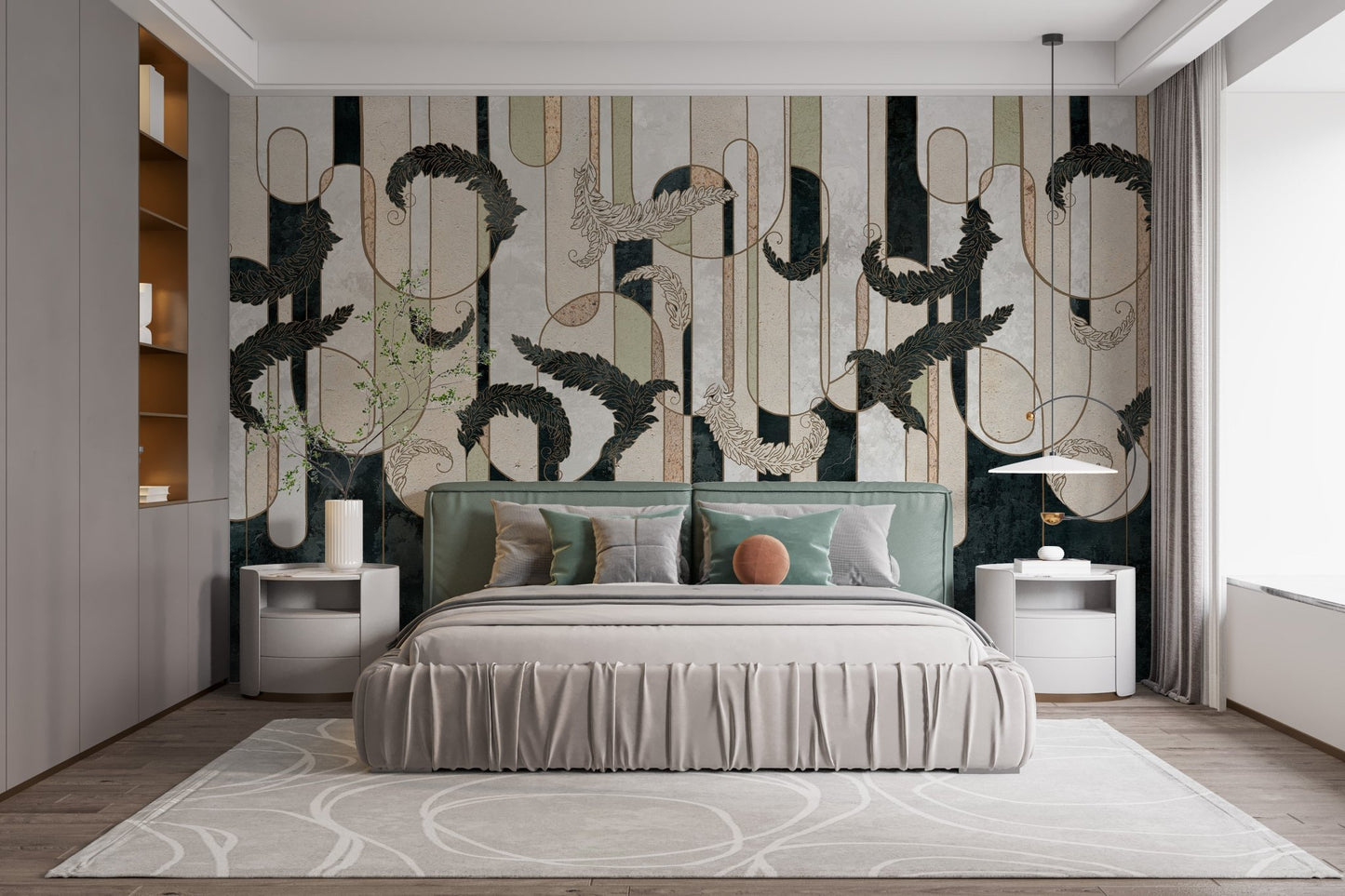 Modern bedroom featuring Dark Green Geometry Concrete Wall Murals.


