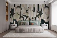 Modern bedroom featuring Dark Green Geometry Concrete Wall Murals.


