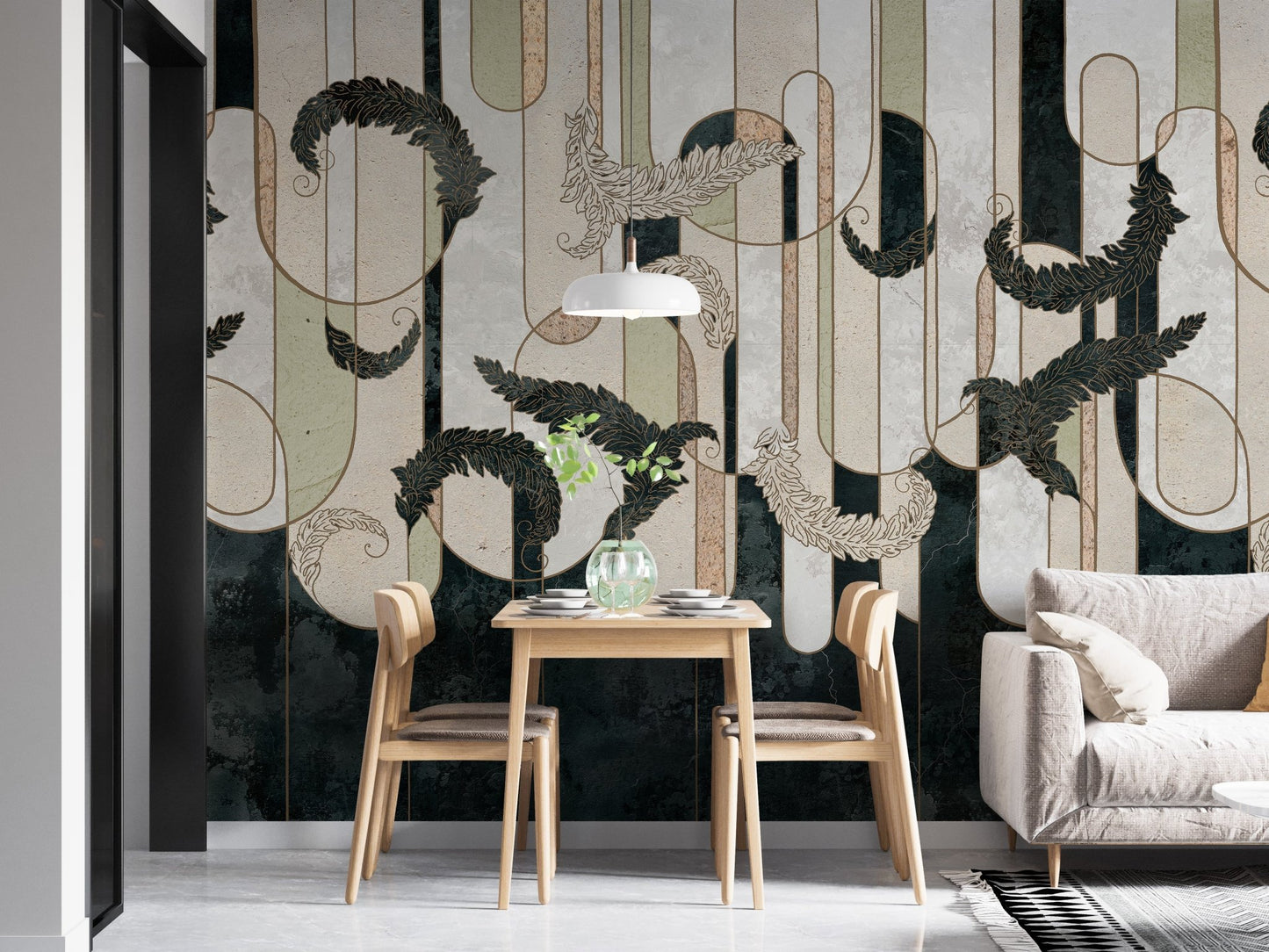 Small dining area wall mural with vertical geometric stripes and light wood chairs.