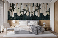 Stylish concrete mural with dark green geometric shapes for bedroom interiors.
