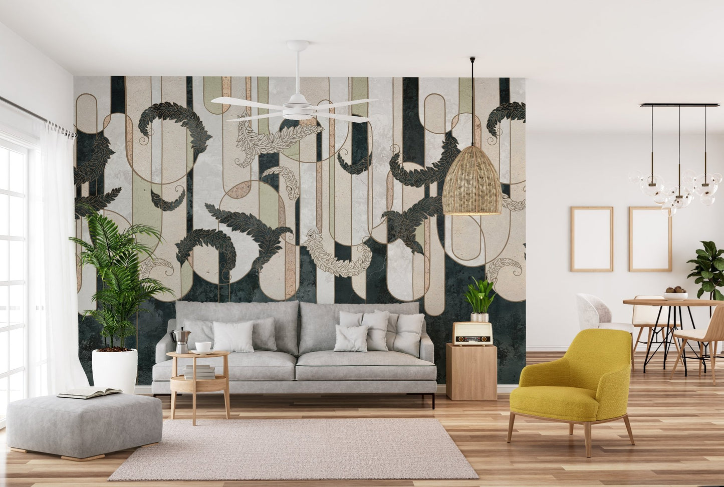 Living room wall mural with abstract dark green shapes and a grey sofa.