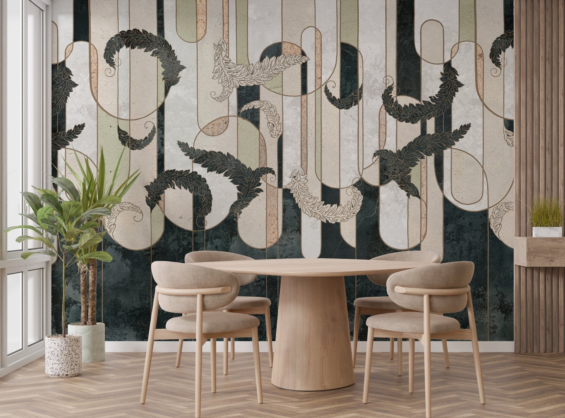 Minimalist dining room wall mural featuring beige and dark green concrete patterns.