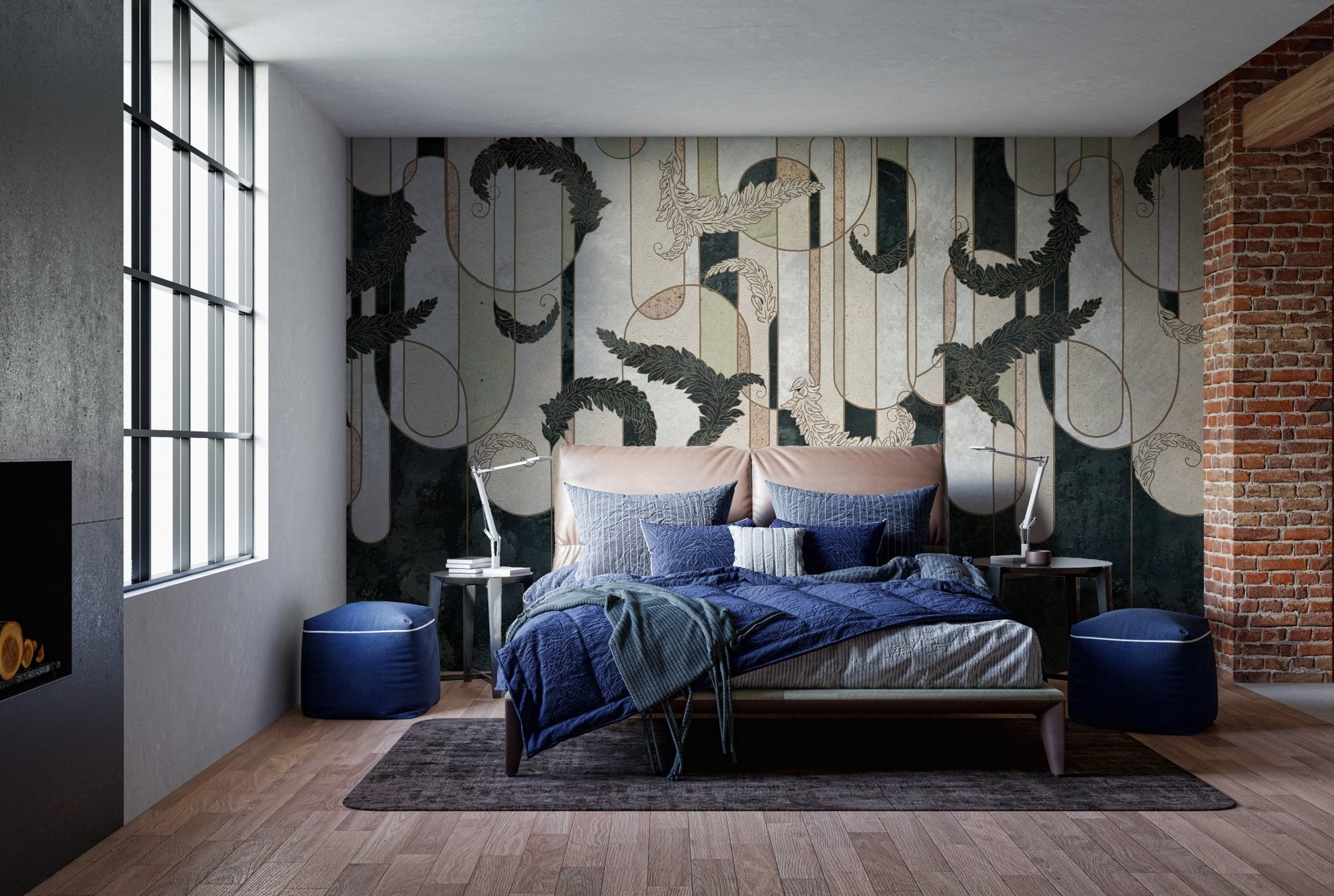 Dark green and concrete geometry mural for urban-inspired bedroom walls.
