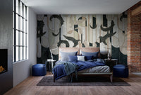 Dark green and concrete geometry mural for urban-inspired bedroom walls.
